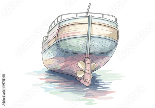 Front view of a colorful, stylized boat with a propeller in calm water