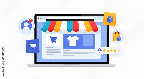 Online shopping on laptop with various icons around it showing e-commerce features