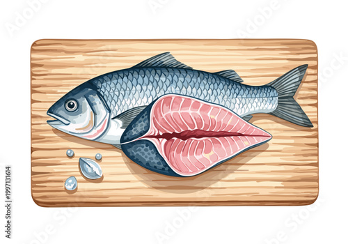 Freshly caught fish and steak cut displayed on a wooden cutting board