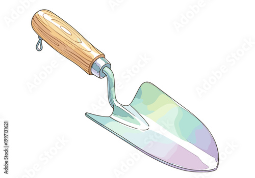 Handheld garden trowel with a wooden handle and metal scoop for planting and digging