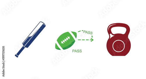 Sports equipment icons set including cricket bat, American football pass, and heavy kettlebell.