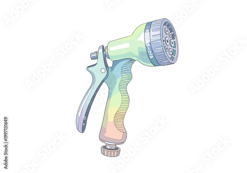 Colorful garden hose nozzle with multiple spray settings for watering plants