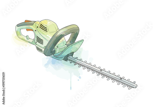 Illustration of a modern electric hedge trimmer with a long blade and ergonomic handle