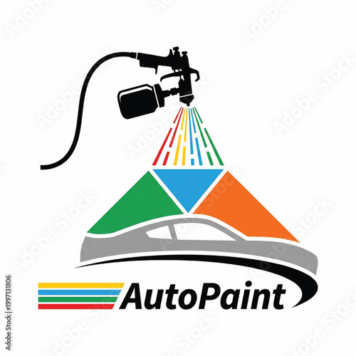 Paint sprayer truck logo with AutoPaint text and colorful spray fan triangles on white background featuring automotive painting, auto body, coating