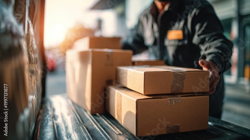 Courier at Work: A diligent courier efficiently loads a stack of meticulously packed cardboard boxes into a delivery vehicle, showcasing the seamless operations of logistics and transportation.