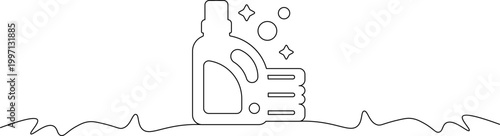 A simple line drawing of a cleaning bottle and cloth with soap bubbles