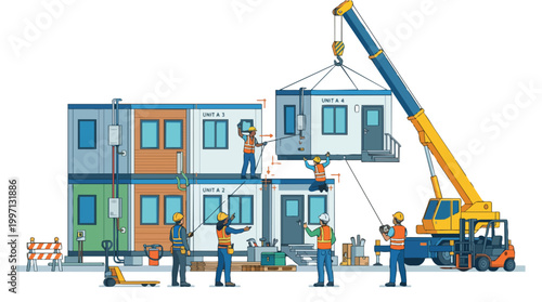 Construction workers assembling modular building units with a crane, illustrating modern prefabricated housing industry and diverse construction team