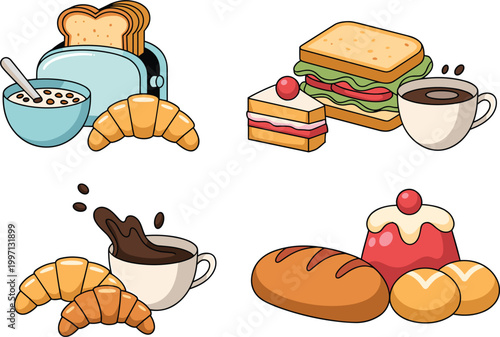 Breakfast food vector set coffee croissant toast sandwich dessert collection morning meal illustration isolated design elements