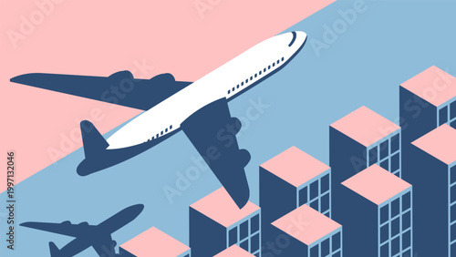 Isometric airliner flying over city high rise buildings after takeoff from an airfield. Cartoon 3D vector concept on blue pink background