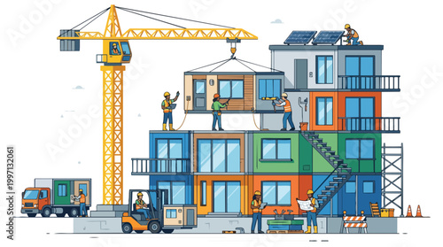 Diverse workers constructing a modern modular building with a crane, showcasing efficient and sustainable prefabricated housing development in the construction industry