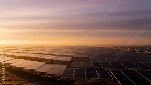 Aerial View of Vast Solar Panel Field at Sunrise, Generating Clean Renewable Energy