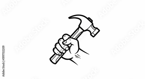 A hand grips a hammer in a black and white illustration