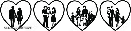 Four heart shaped silhouettes depicting couples in love a romantic and artistic black and white illustration
