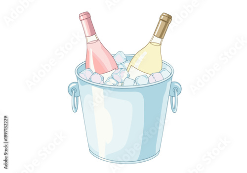 Two bottles of wine chilling in an ice bucket with cubes