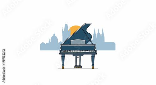 A grand piano sits before a city skyline with a setting sun