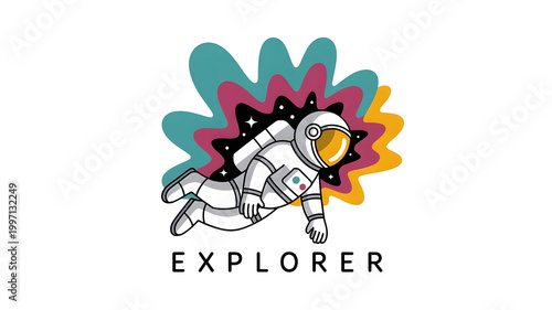 Astronaut floating in outer space with colorful nebula, isolated on transparent background, explorer concept flat illustration