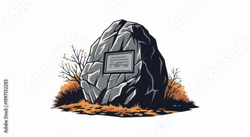 A granite marker stone adorned with a plaque stands amidst autumn foliage