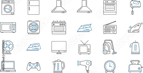 Home Appliances Line Icon Set Featuring Washing Machine, Refrigerator, Oven, Iron, Vacuum, Laptop and Kitchen Devices for Household Technology Design.