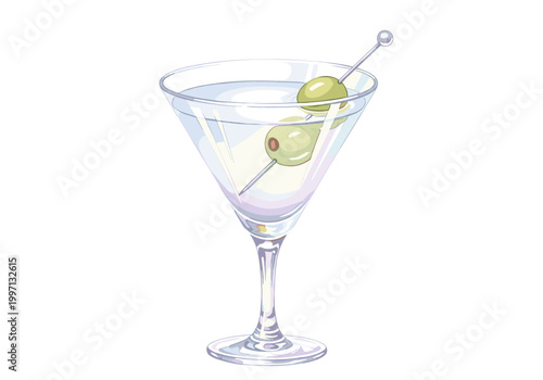 Classic martini cocktail with two green olives on a skewer in a glass