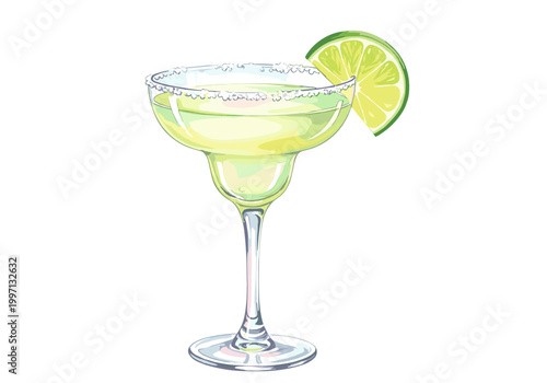 Refreshing margarita cocktail with salt rim and lime slice in a coupe glass