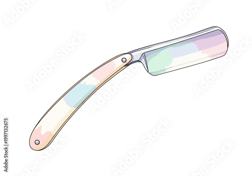 Vintage straight razor with pastel watercolor accents on handle and blade
