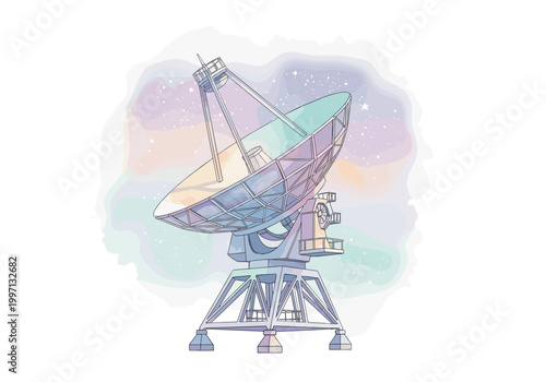 Large radio telescope dish pointed towards a colorful starry sky illustration