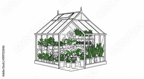 A detailed sketch of a glass greenhouse filled with various potted plants