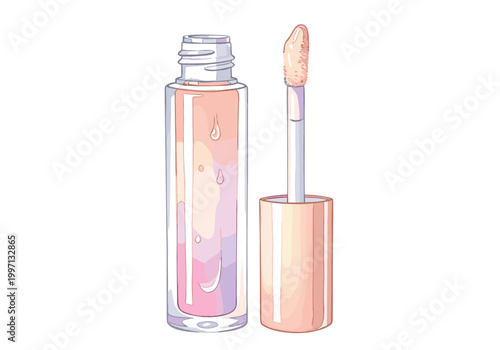 A pastel pink lip gloss bottle with applicator and cap, isolated on white