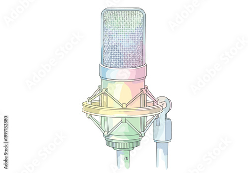 Illustration of a professional condenser microphone with a pastel watercolor effect