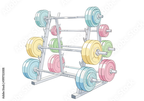 Colorful weight plates and barbells neatly organized on a rack in a gym setting