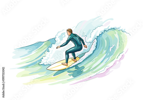 Surfer riding a wave in a wetsuit on a surfboard, dynamic water sport illustration