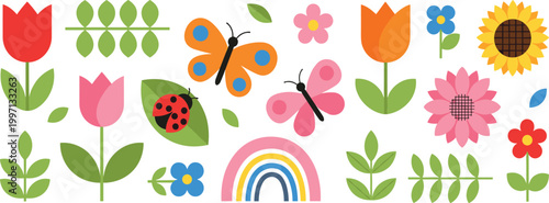 Colorful Spring Floral Illustration Set Featuring Tulips, Sunflower, Leaves, Butterfly, Rainbow and Cute Nature Elements for Kids and Decorative Design.