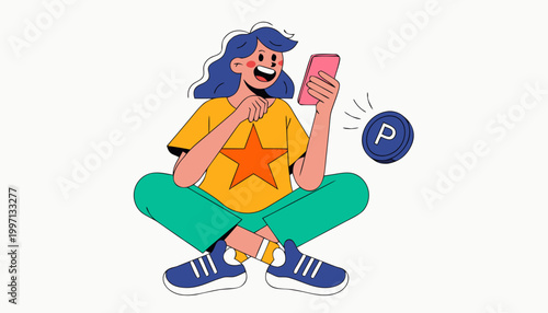 Happy woman using smartphone to earn reward points illustration