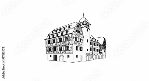 A detailed sketch of a half-timbered building with a tall tower