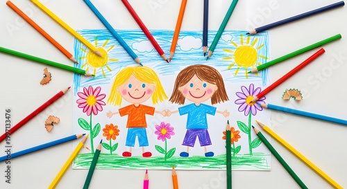 Child's Colorful Drawing of Two Girls Holding Hands Surrounded by Art Pencils