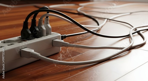Tangled electrical cords plugged into a white power strip on a scratched wooden floor