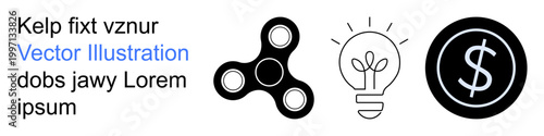 Innovation, productivity, business, entertainment, finance, ideas. Spinner, lightbulb dollar symbol and placeholder text. Innovation and productivity concepts highlighted
