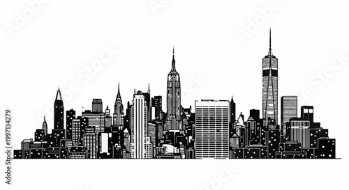 A graphic illustration of a city skyline featuring tall buildings and skyscrapers