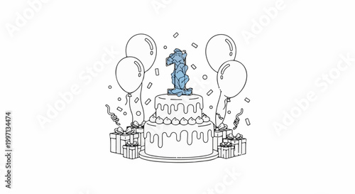 A festive birthday cake with a blue '1' topper, surrounded by balloons, presents, and confetti
