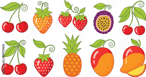 Tropical Fruit Illustration Set Featuring Cherry, Strawberry, Pineapple, Mango, Passion Fruit and Fresh Organic Summer Food Elements for Healthy Design.