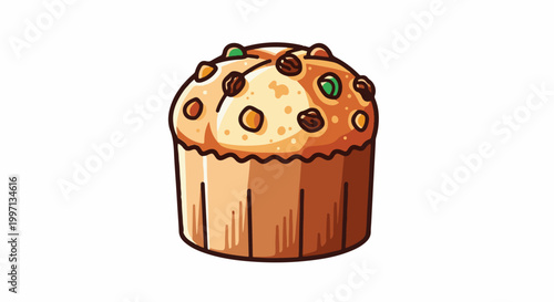 A festive, cartoon-style fruitcake with a decorative paper liner