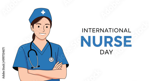 illustration of nurse wearing blue uniform with international nurse day text