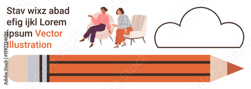 Creative thinking, brainstorming, communication, collaboration, education, design ideas. Two people conversing on chairs with a pencil and cloud shape. Creative thinking and brainstorming concept