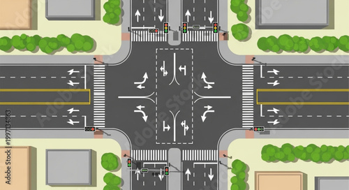 Aerial View of Busy City Intersection with Traffic Lanes and Crosswalks.