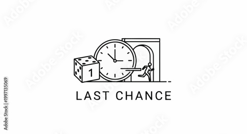 A dice with a '1' faces a clock and a figure running through an archway