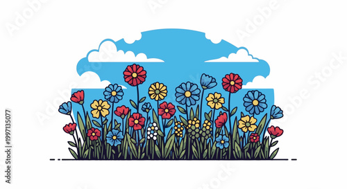 A field of colorful flowers under a cloudy blue sky