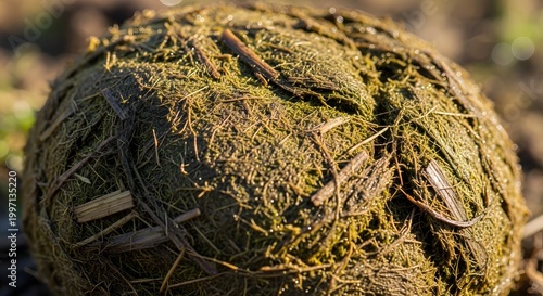 Macro Shot of an Organic Ball of Elephant Dung with Fibers and Moss