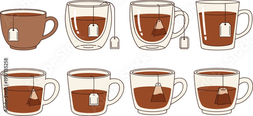 Tea Cup Illustration Set Featuring Glass and Ceramic Mugs with Tea Bags, Hot Beverage Elements and Cozy Drinkware Designs for Cafe and Kitchen Use.