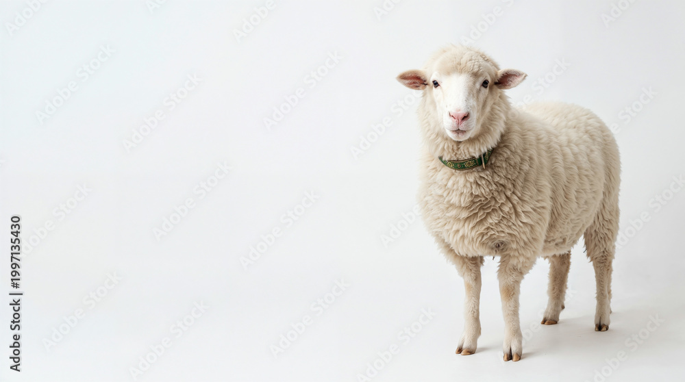Fototapeta premium Fluffy White Sheep Standing on Clean White Background with Copy Space