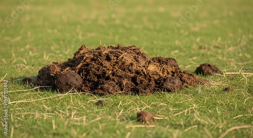 Close-up of fresh organic animal manure on green grass in a field
